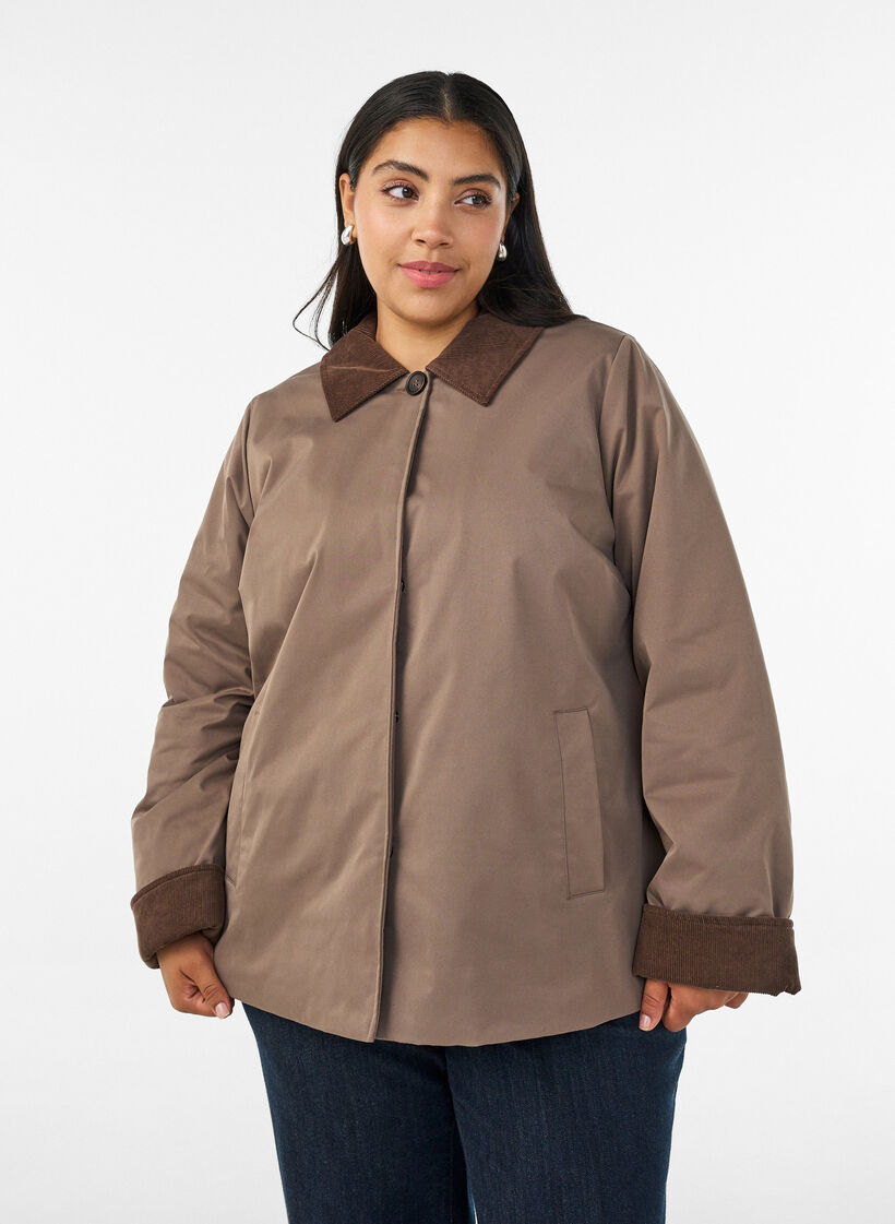 Veste l&eacute;g&egrave;rement matelass&eacute;e avec col en velours c&ocirc;tel&eacute;, Marron, Model image number 0
