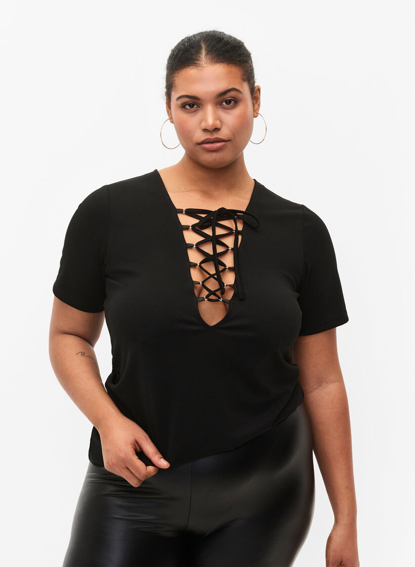  Blouse réversible avec cordon de serrage, Black, Model image number 0