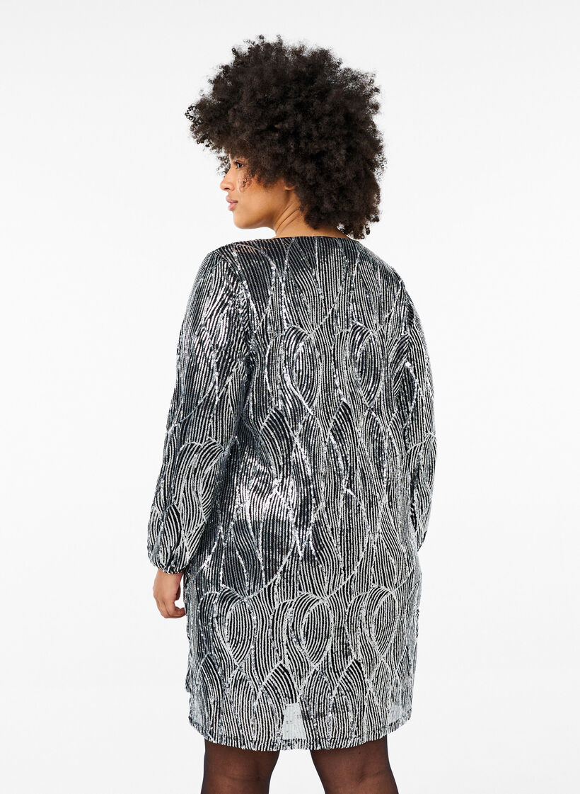 Robes à manches longues avec des paillettes et des motifs, Silver Sequins, Model image number 1