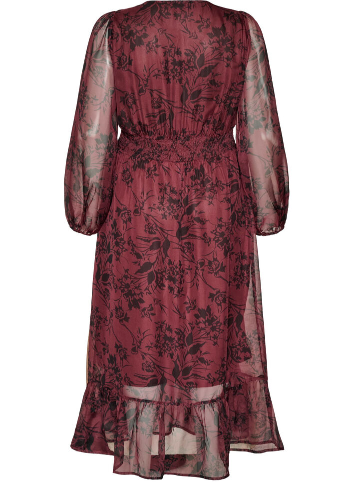 Robe maxi avec imprim&eacute; floral et smocks, Bordeaux fonc&eacute;, Packshot image number 1
