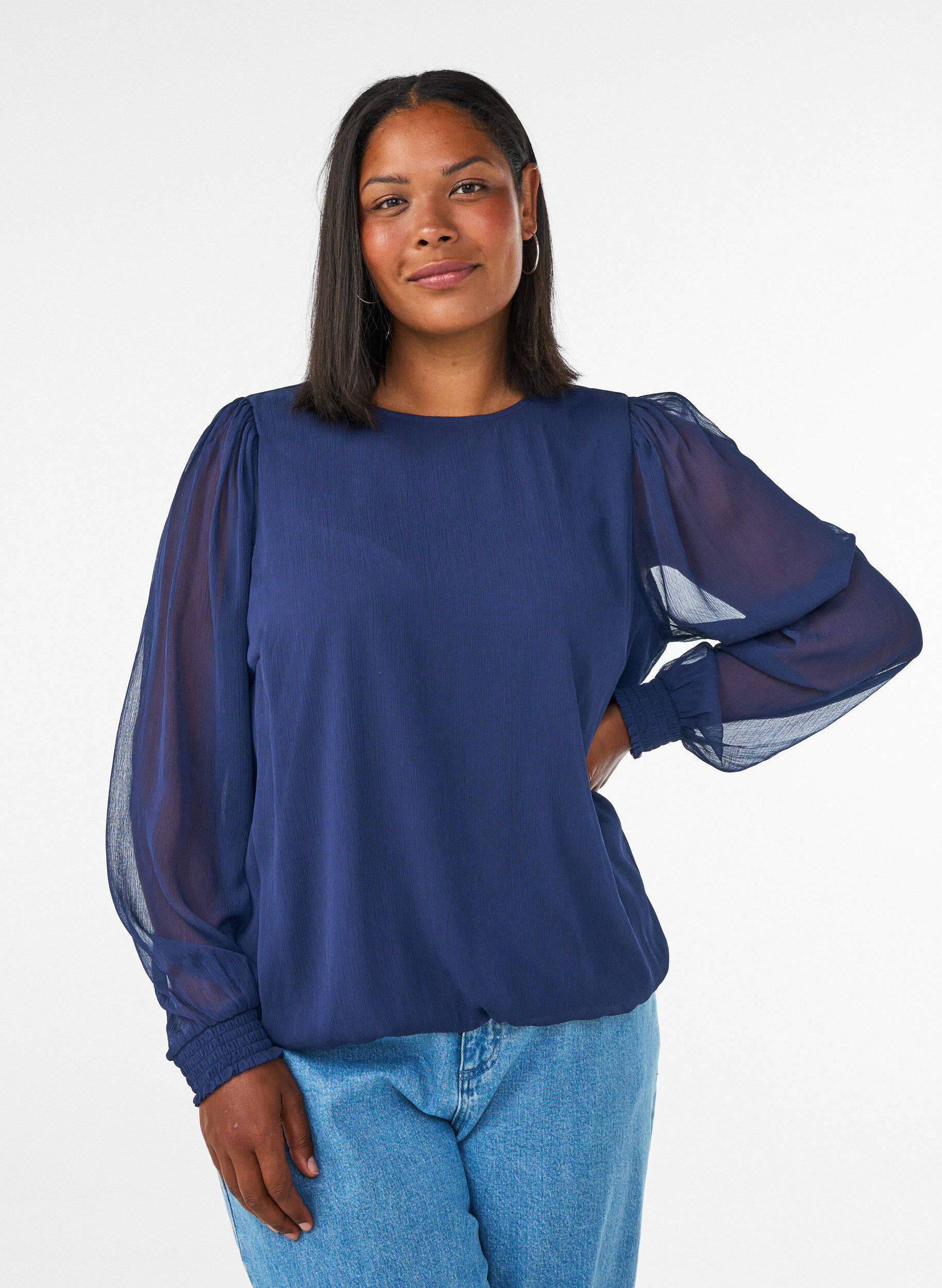 ZizziBlouse en mousseline avec manches transparentes, Bleu, Model image number 0