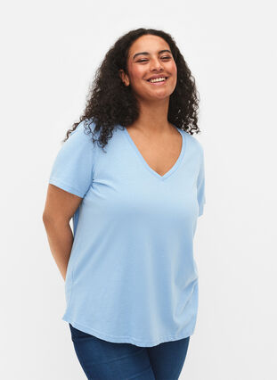 T-shirt à manches courtes avec col en V, Placid Blue, Model image number 0