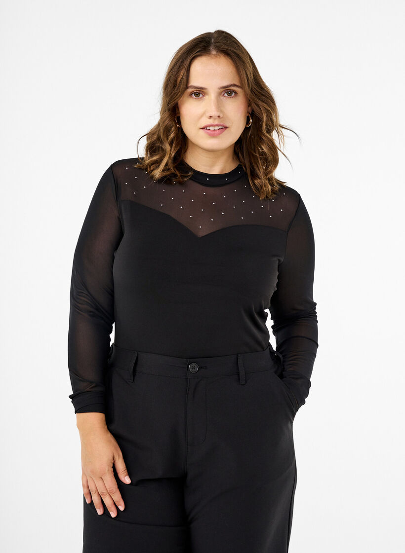 Collant de corps avec des clous et des manches longues en maille, Black, Model image number 0