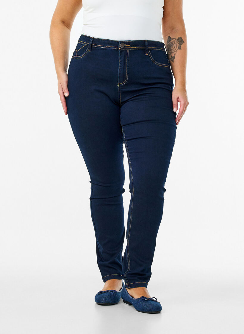 Jean super slim Amy &agrave; taille haute, Bleu, Model image number 2
