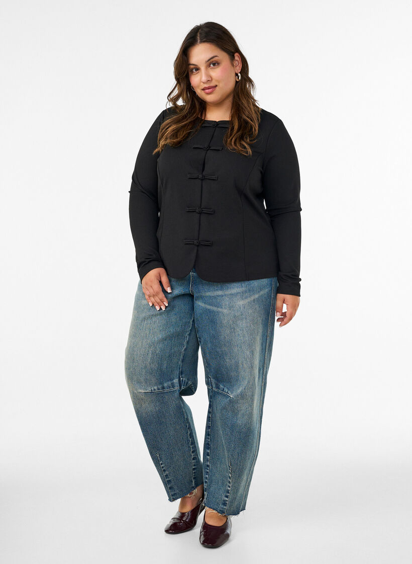 Cardigan ajust&eacute; avec fermeture par n&oelig;uds, Noir, Model image number 1