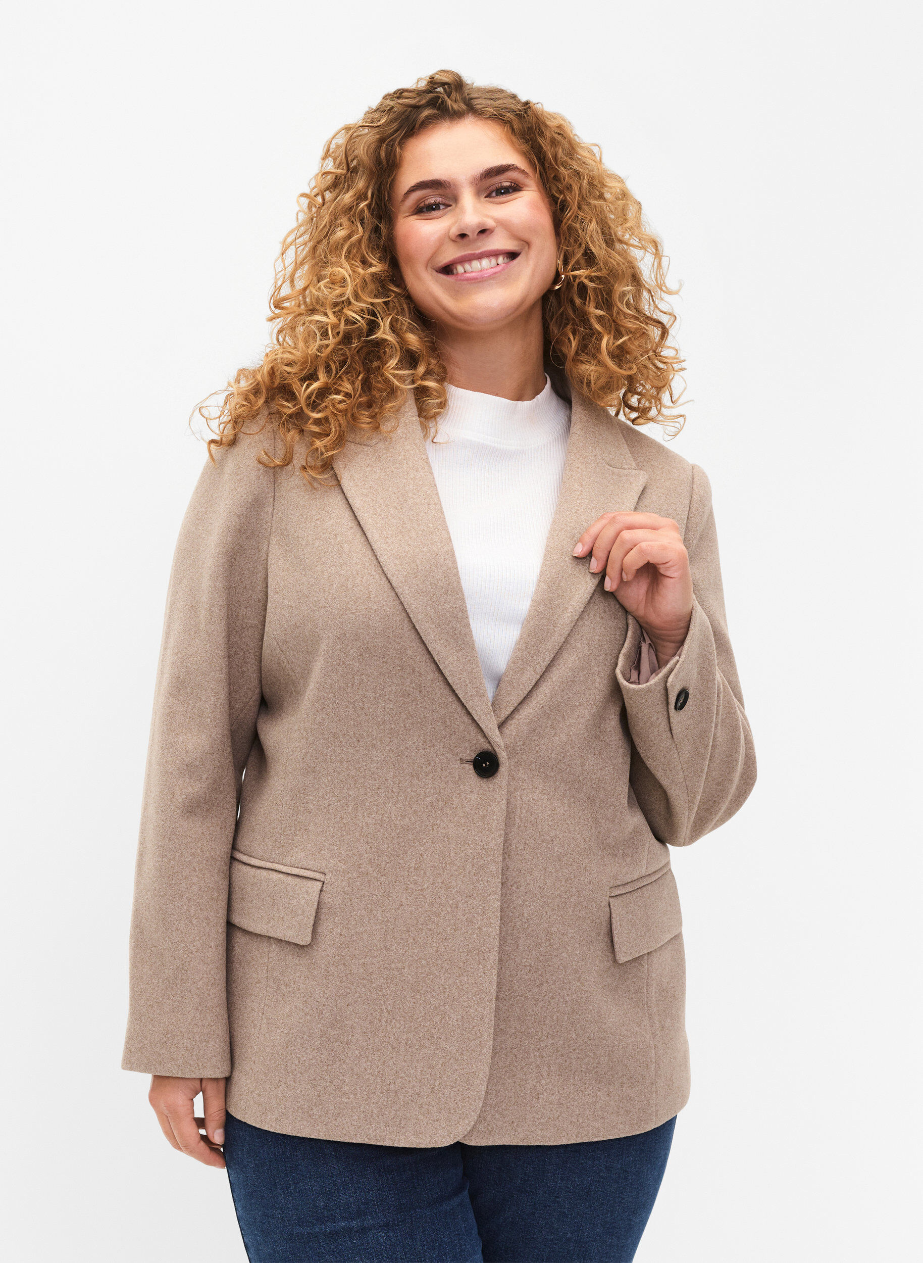 Zizzi Blazer en m&eacute;lange de tissu avec fente, Pumice Stone Mel., Model image number 0