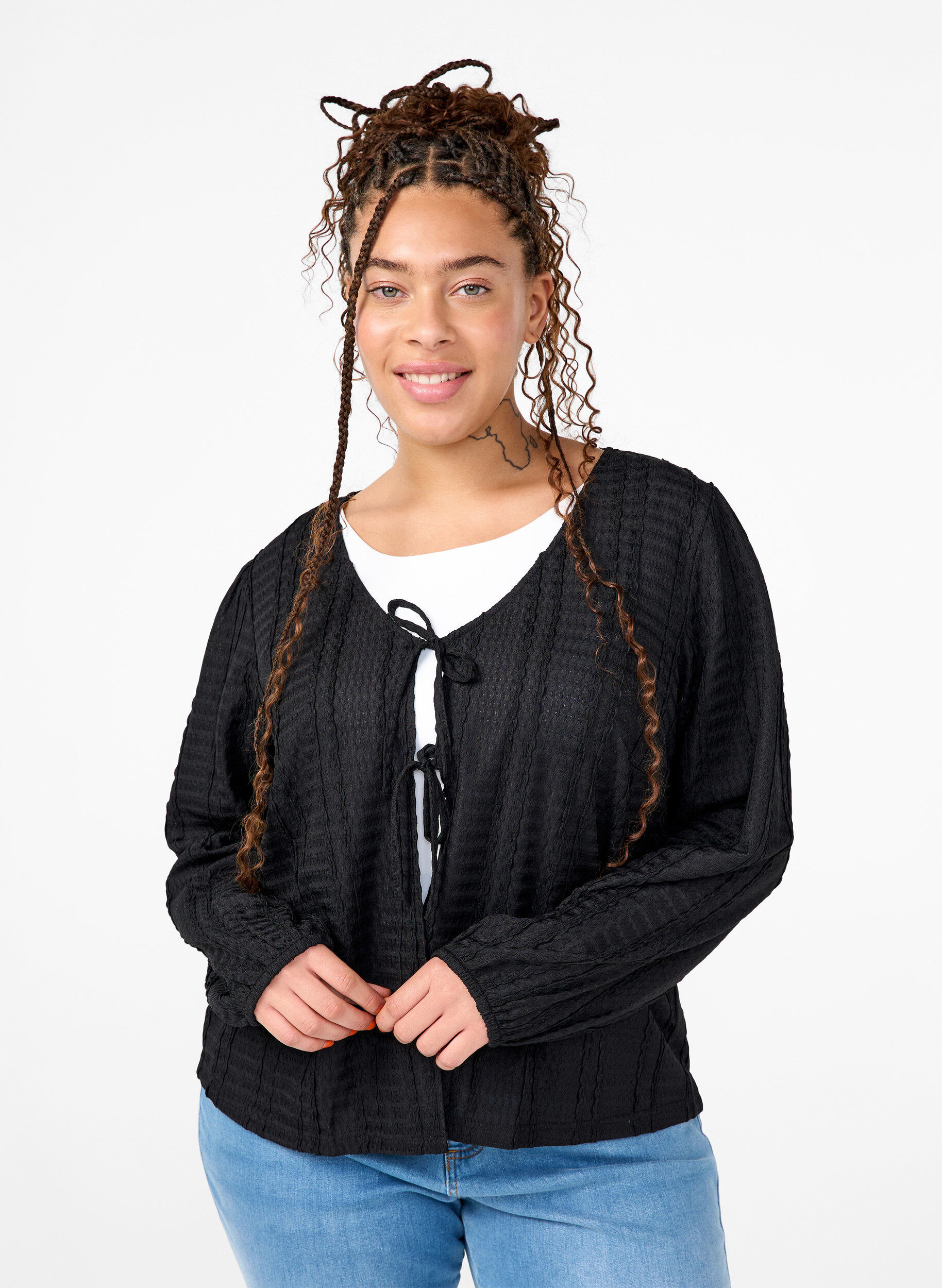 Zizzi Cardigan nou&eacute; sur le devant, Black, Model image number 0