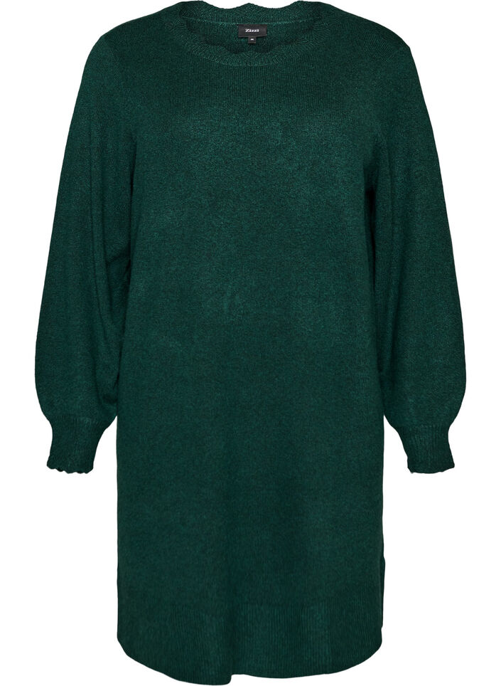 Robe courte en maille avec ourlet ondul&eacute; et fentes, Vert fonc&eacute;, Packshot image number 0
