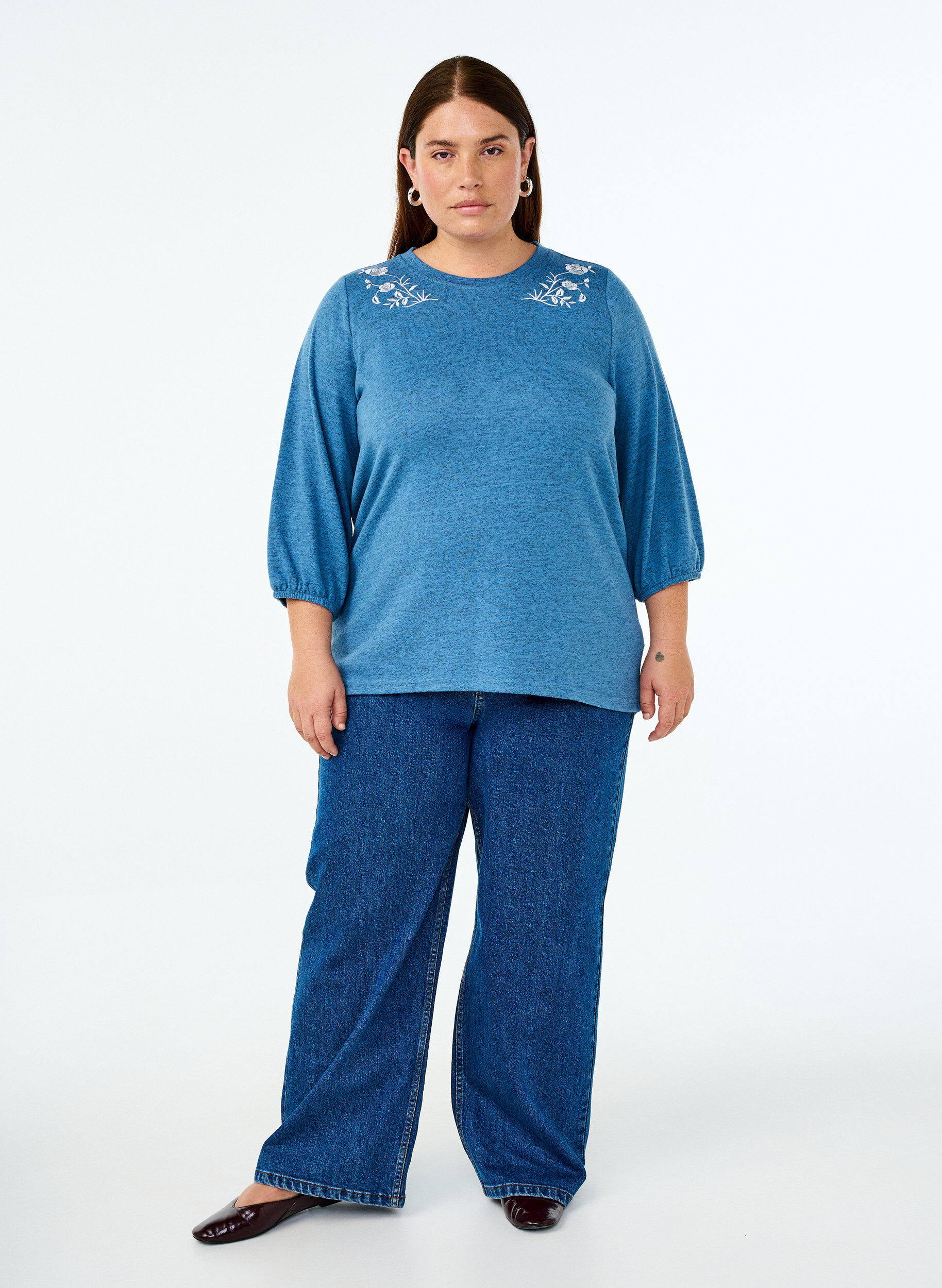 Zizzi Chemisier avec broderie florale et manches 3/4, Copen Blue Melange, Model image number 2