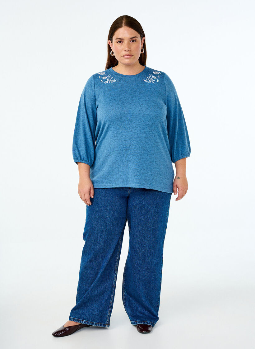 Chemisier avec broderie florale et manches 3/4, Copen Blue Melange, Model image number 2