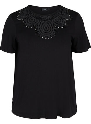 T-shirt manches courtes en viscose avec détails en dentelle, Black, Packshot image number 0