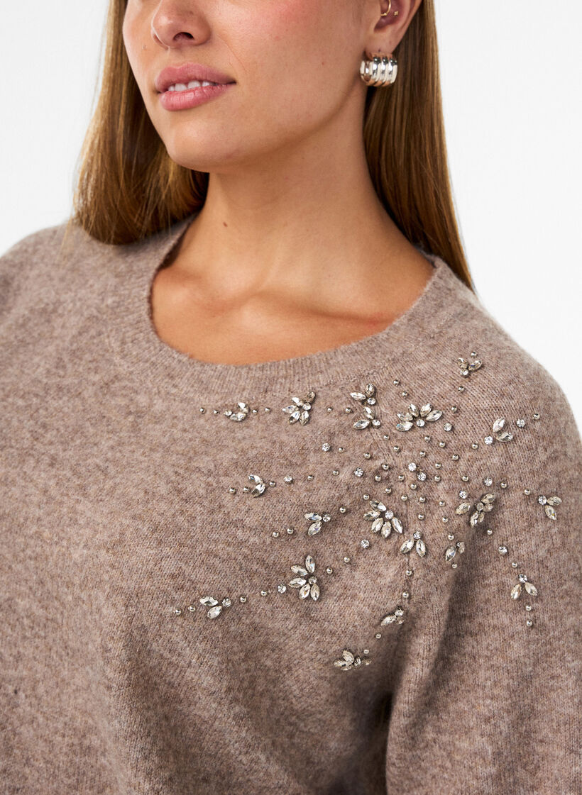 Blouse en maille avec strass et clous, Beige, Model image number 3