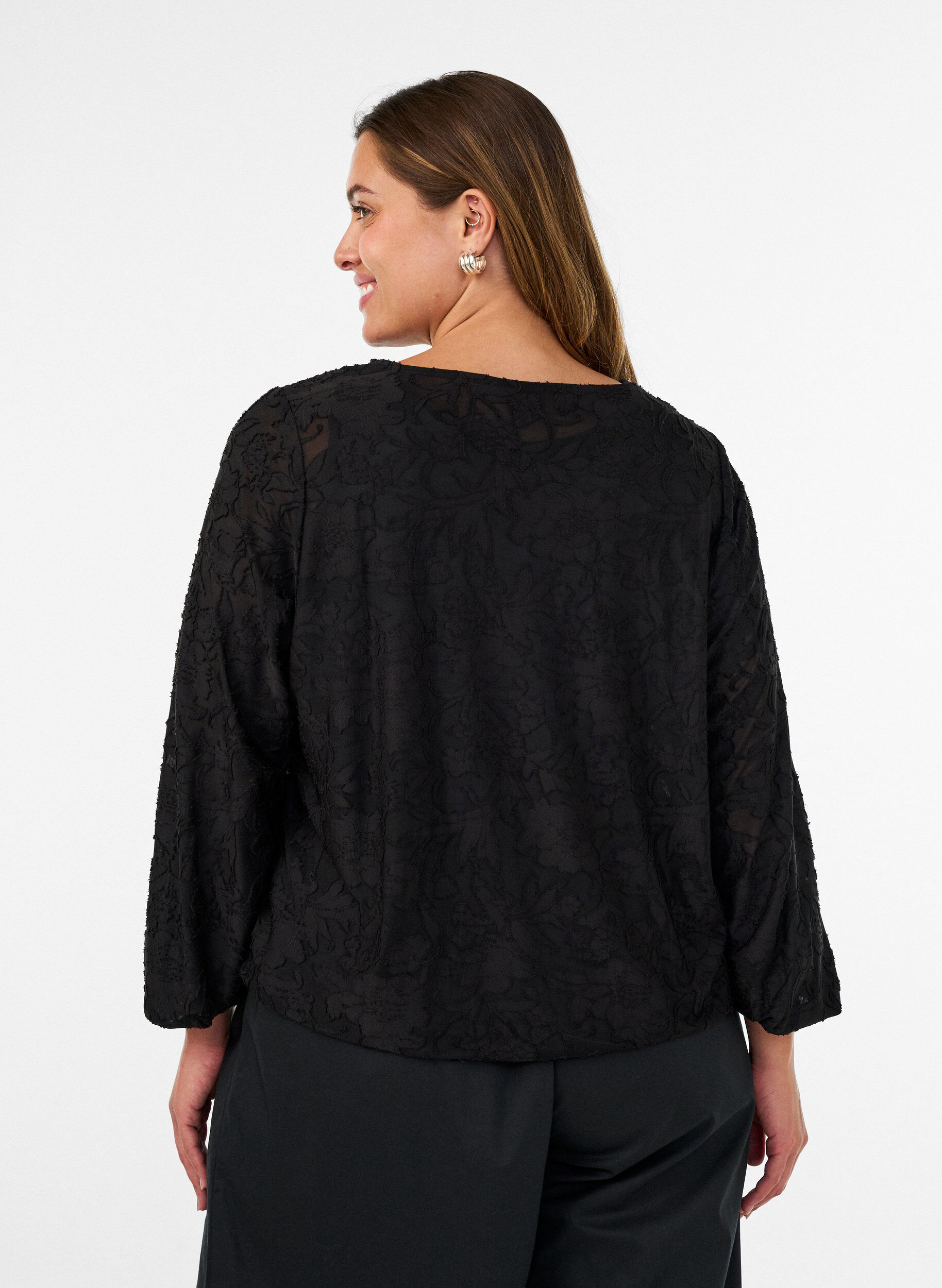 ZizziBlouse transparente avec texture florale et manches longues, Noir, Model image number 2