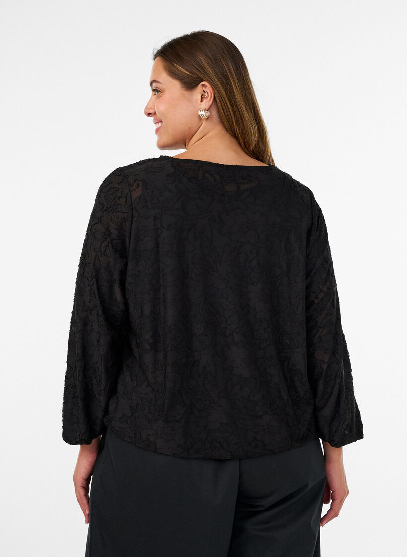 Blouse transparente avec texture florale et manches longues, Noir, Model image number 2