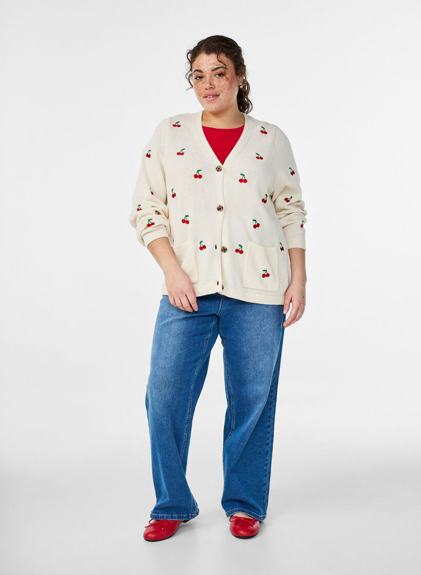 Cardigan en maille avec broderies de cerises, Vanille, Model image number 1