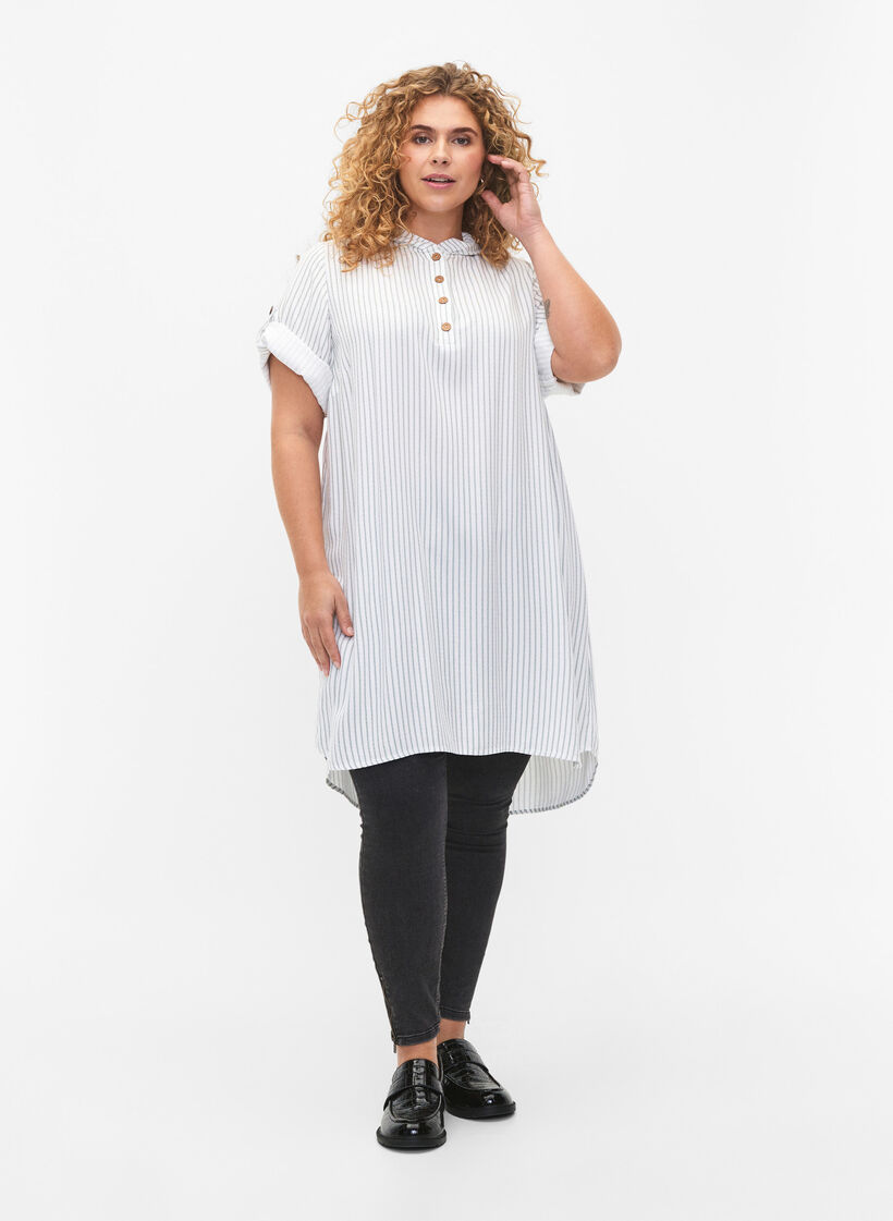 Tunique à manches courtes en viscose avec capuche, Chinois Green Stripe, Model image number 2