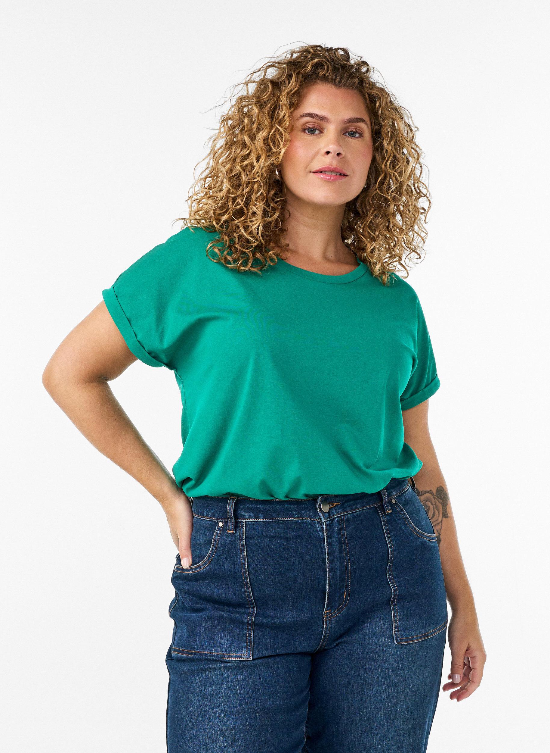 T-shirt &agrave; manches courtes en coton m&eacute;lang&eacute;, Vert, Model
