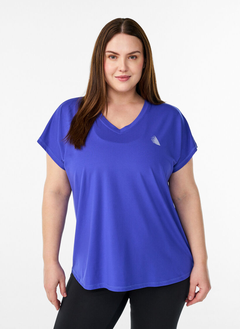 T-shirt de sport &agrave; manches courtes avec col en V, Violet, Model image number 0