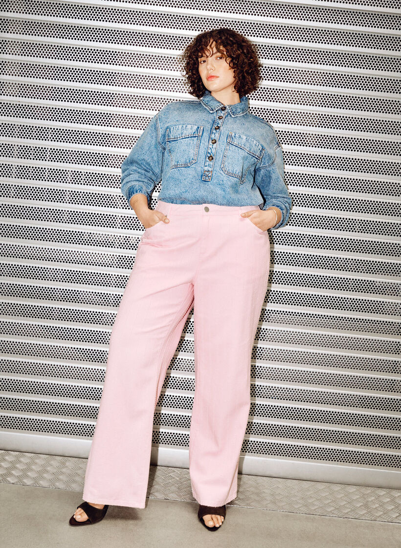 Jean Myra coupe large en denim de couleur &agrave; motif textur&eacute;, Rose poudr&eacute;e, Image image number 0