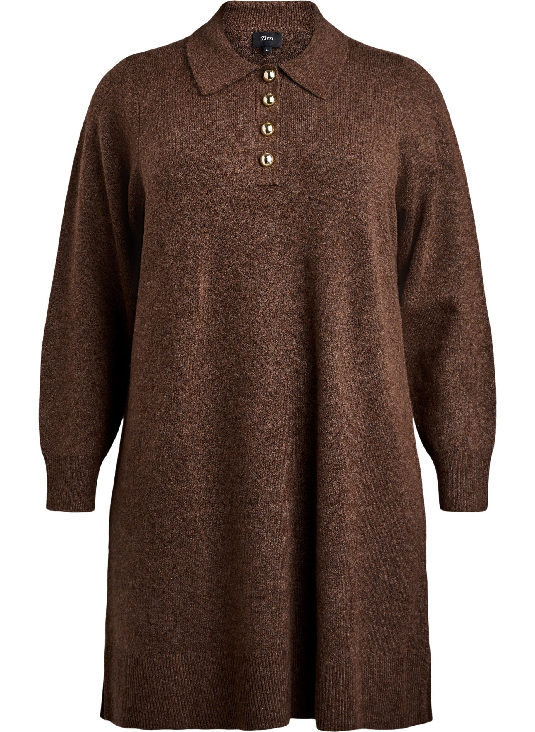 Zizzi Robe courte en maille avec col polo et boutons, Marron, Packshot image number 0