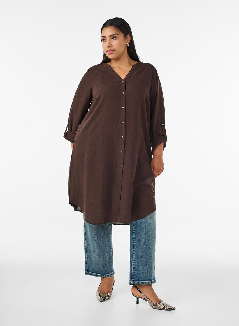 Chemise longue en lin et viscose, Marron, Model image number 0