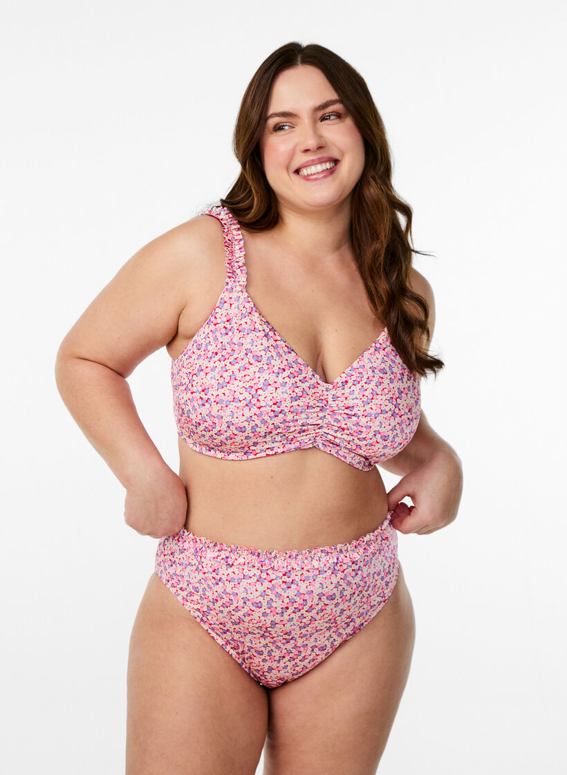 Bas de bikini tai à imprimé floral avec bord froncé, Rose, Model image number 0