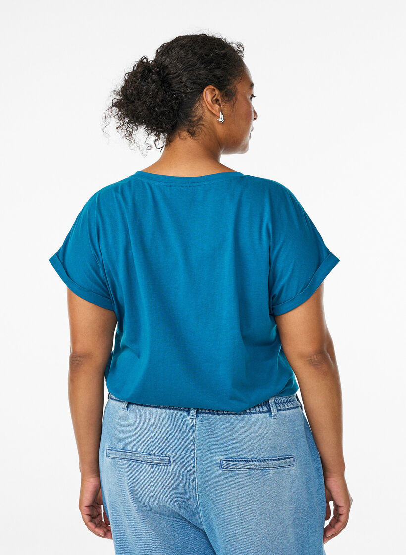 T-shirt &agrave; manches courtes en coton m&eacute;lang&eacute;, Bleu p&eacute;trole, Model image number 2