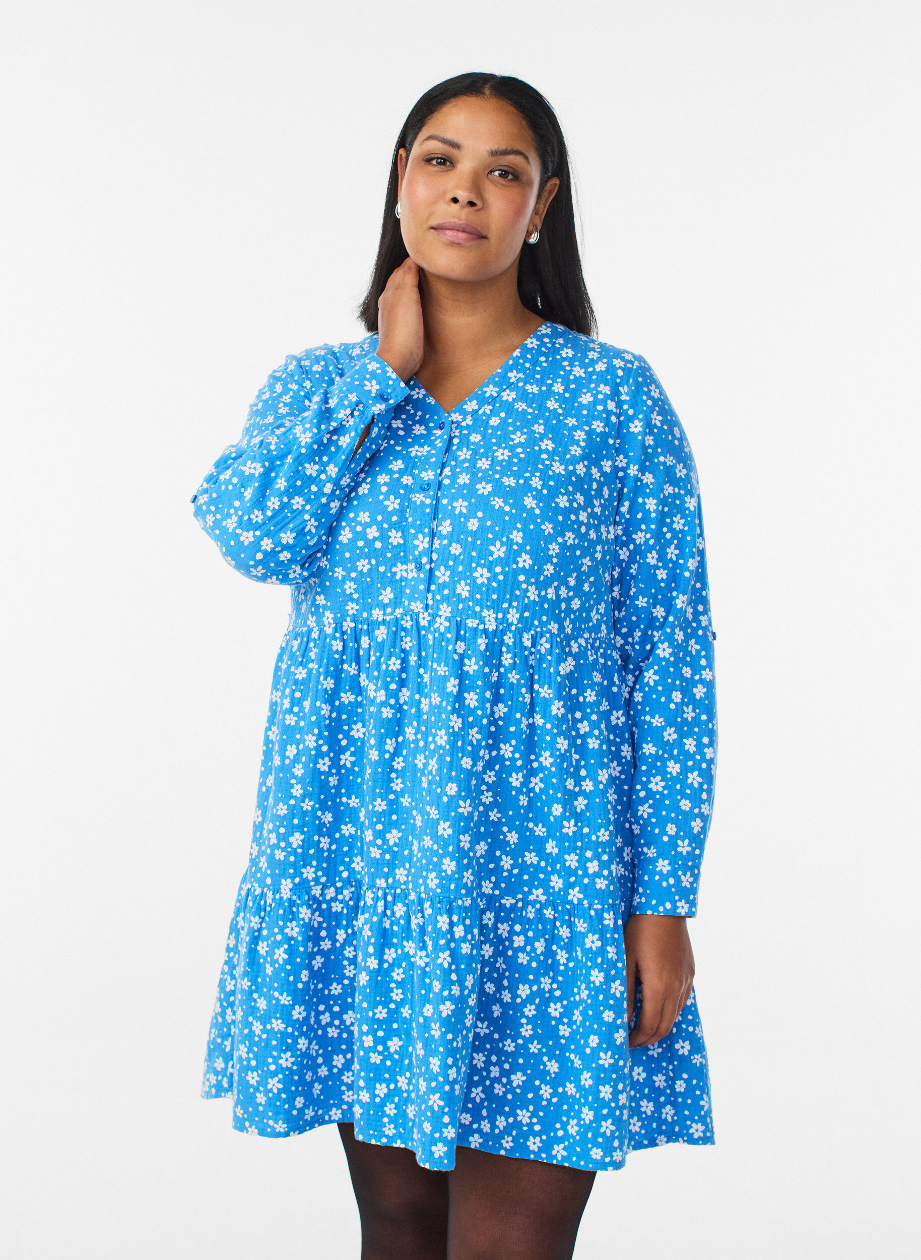 Zizzi Robe courte en mousseline de coton &agrave; motif, Bleu, Model image number 0