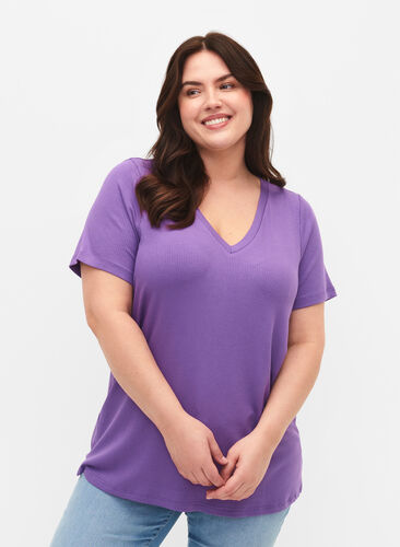T-shirt en viscose côtelé avec col en V, Deep Lavender, Model image number 0