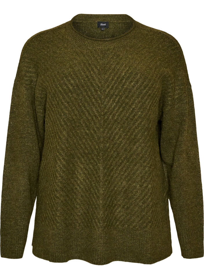 Blouse en maille avec motif c&ocirc;tel&eacute; en V et fentes, Vert fonc&eacute;, Packshot image number 0