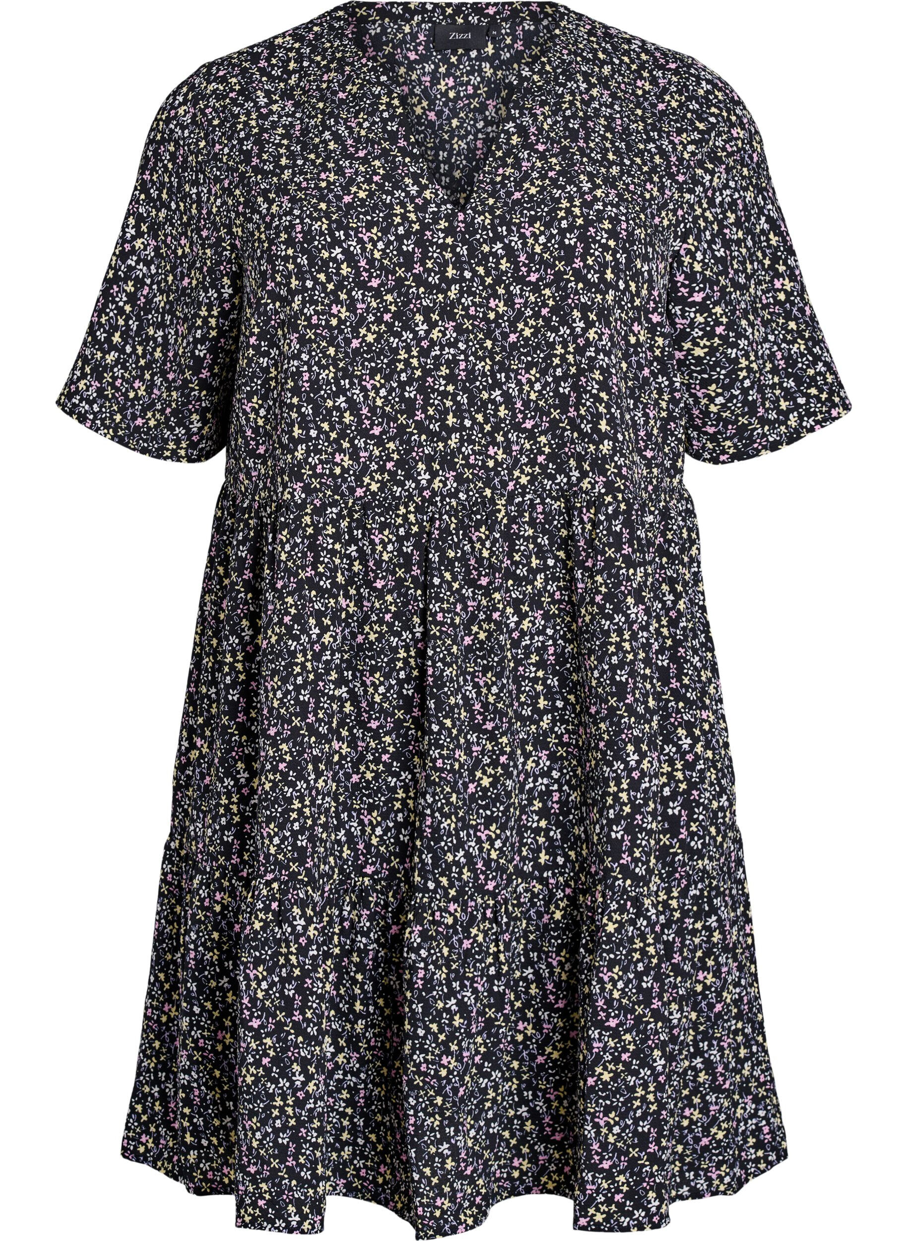 Zizzi Robe &agrave; manches courtes coupe trap&egrave;ze avec d&eacute;coupes, Noir, Packshot image number 0