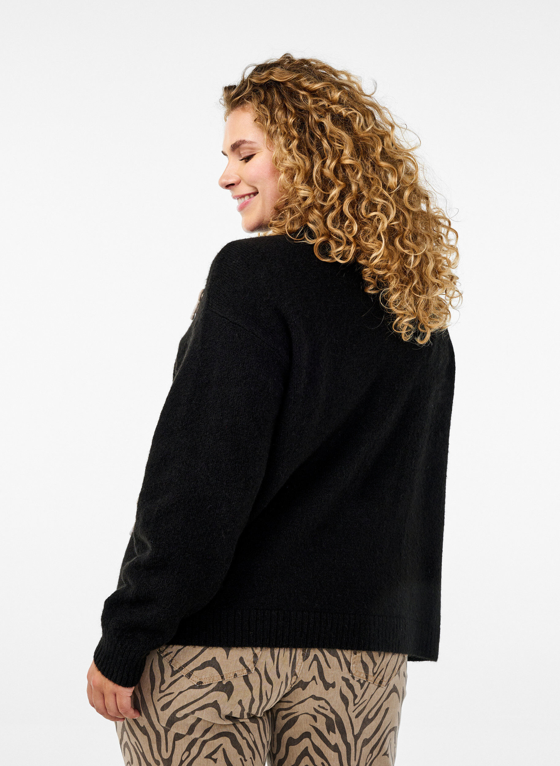 Zizzi Cardigan court en maille et &agrave; n&oelig;uds, Black Comb, Model image number 1
