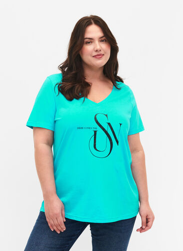 T-shirt en coton avec imprimé, Turquoise SUN, Model image number 0