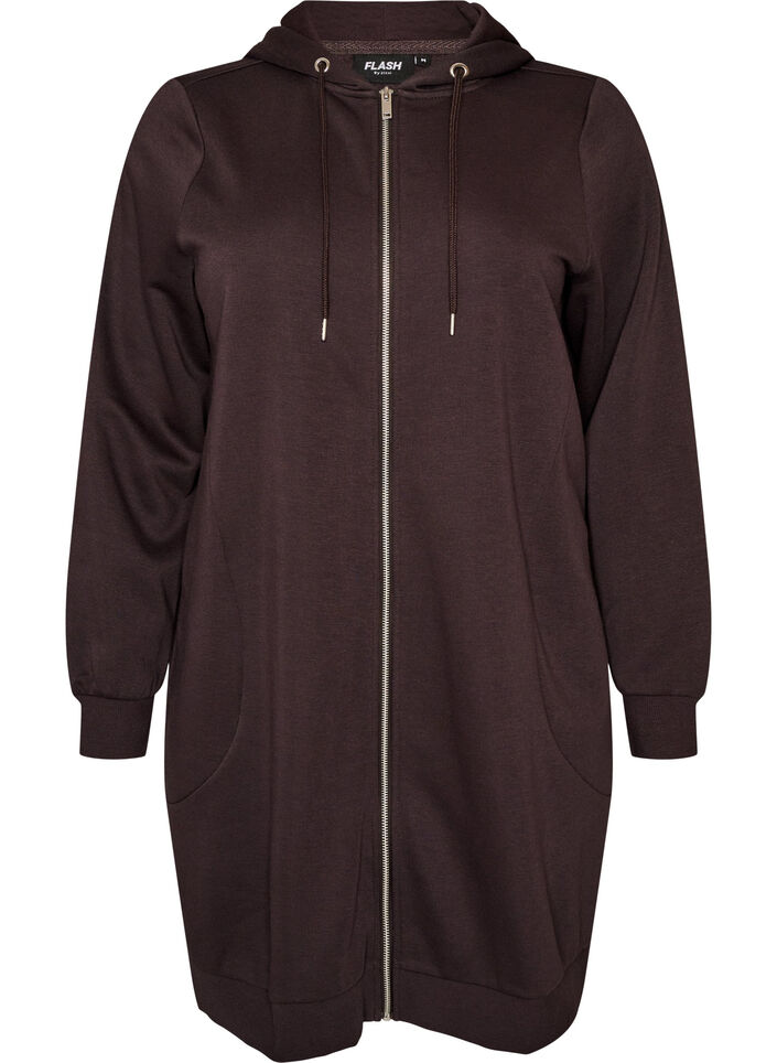 Sweat &agrave; capuche long avec zip et poches, Marron, Packshot image number 0