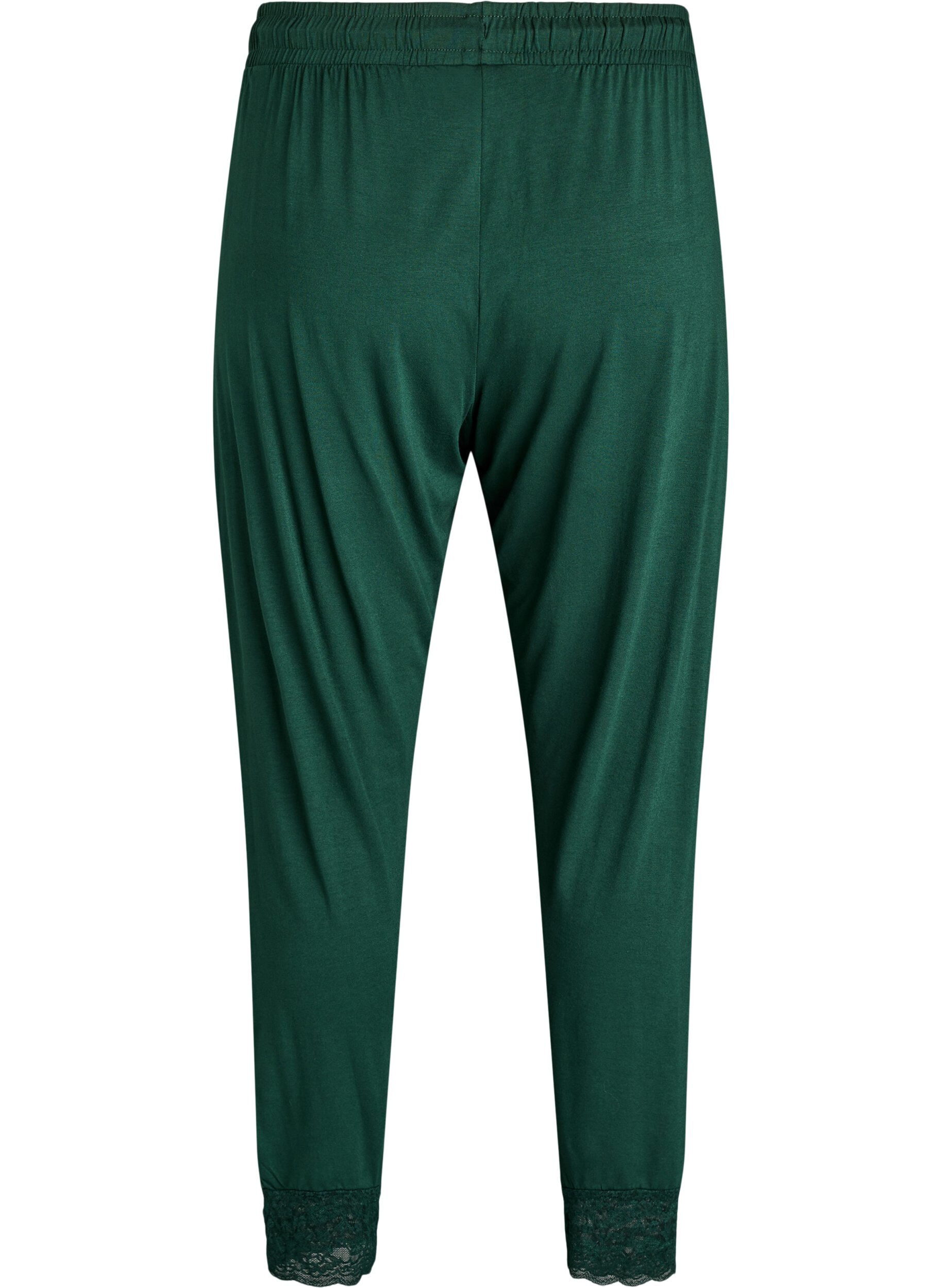 Zizzi Pantalon de pyjama &agrave; taille haute et finitions dentelle, Vert fonc&eacute;, Packshot image number 1