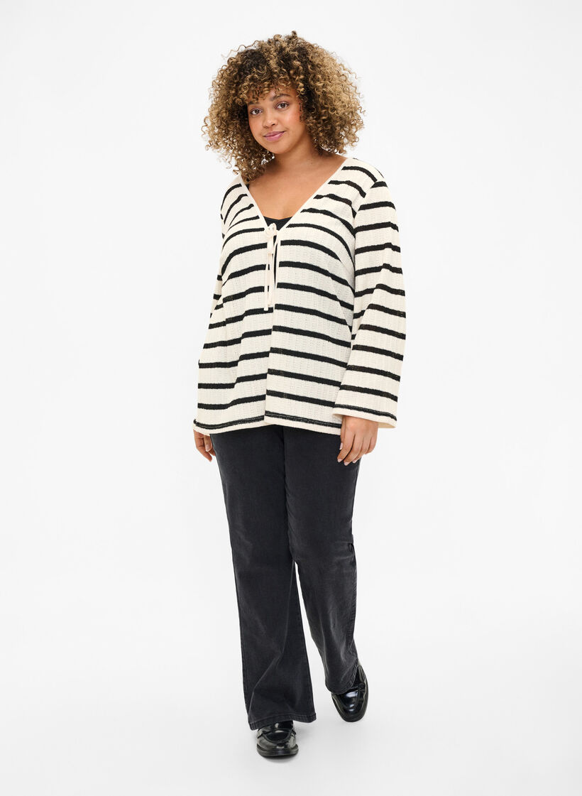 Cardigan rayé avec cordon de serrage, Sand Black Stripe, Model image number 2