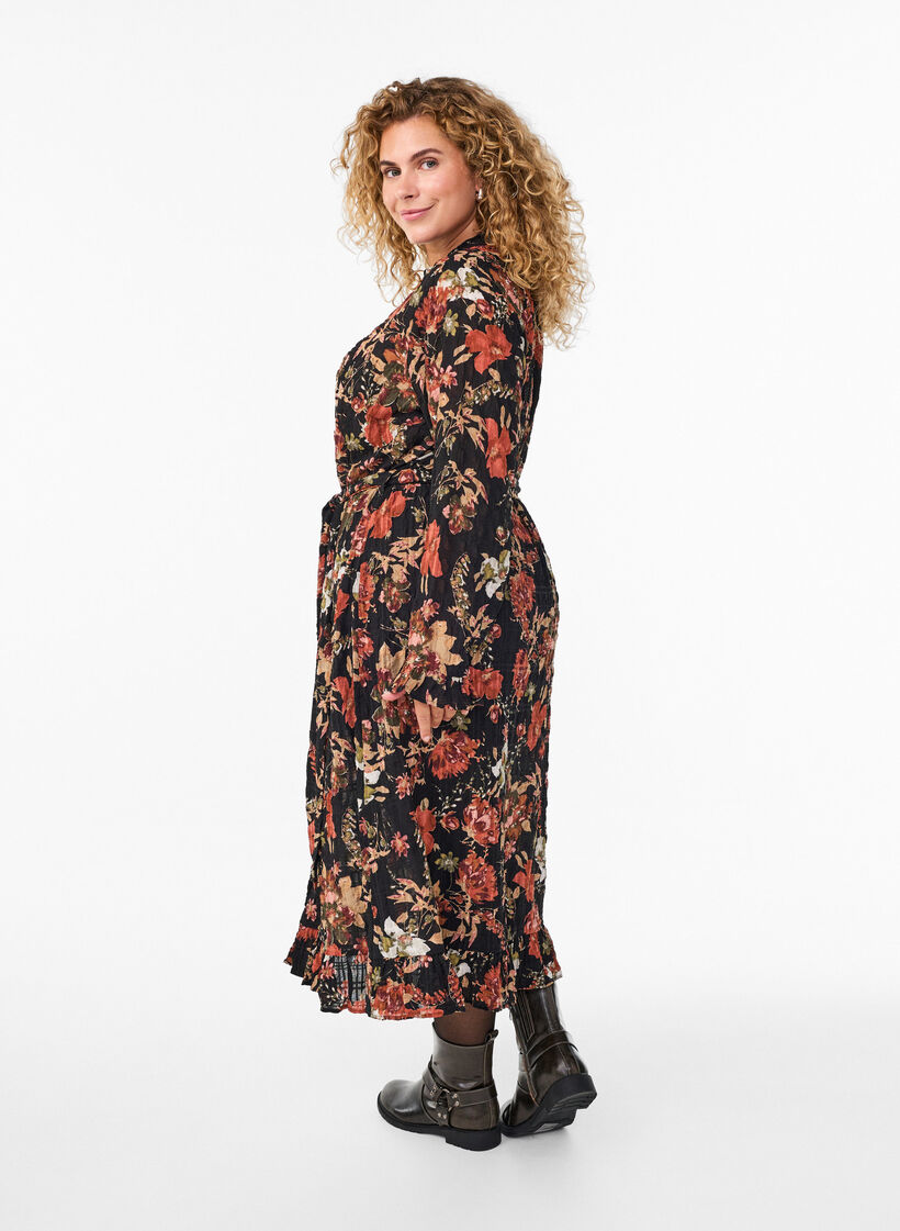 Robe midi &agrave; imprim&eacute; floral avec ceinture amovible &agrave; nouer, Charbon, Model image number 1