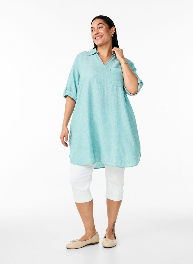 Tunique coupe trap&egrave;ze en lin et viscose, Bleu, Model image number 1