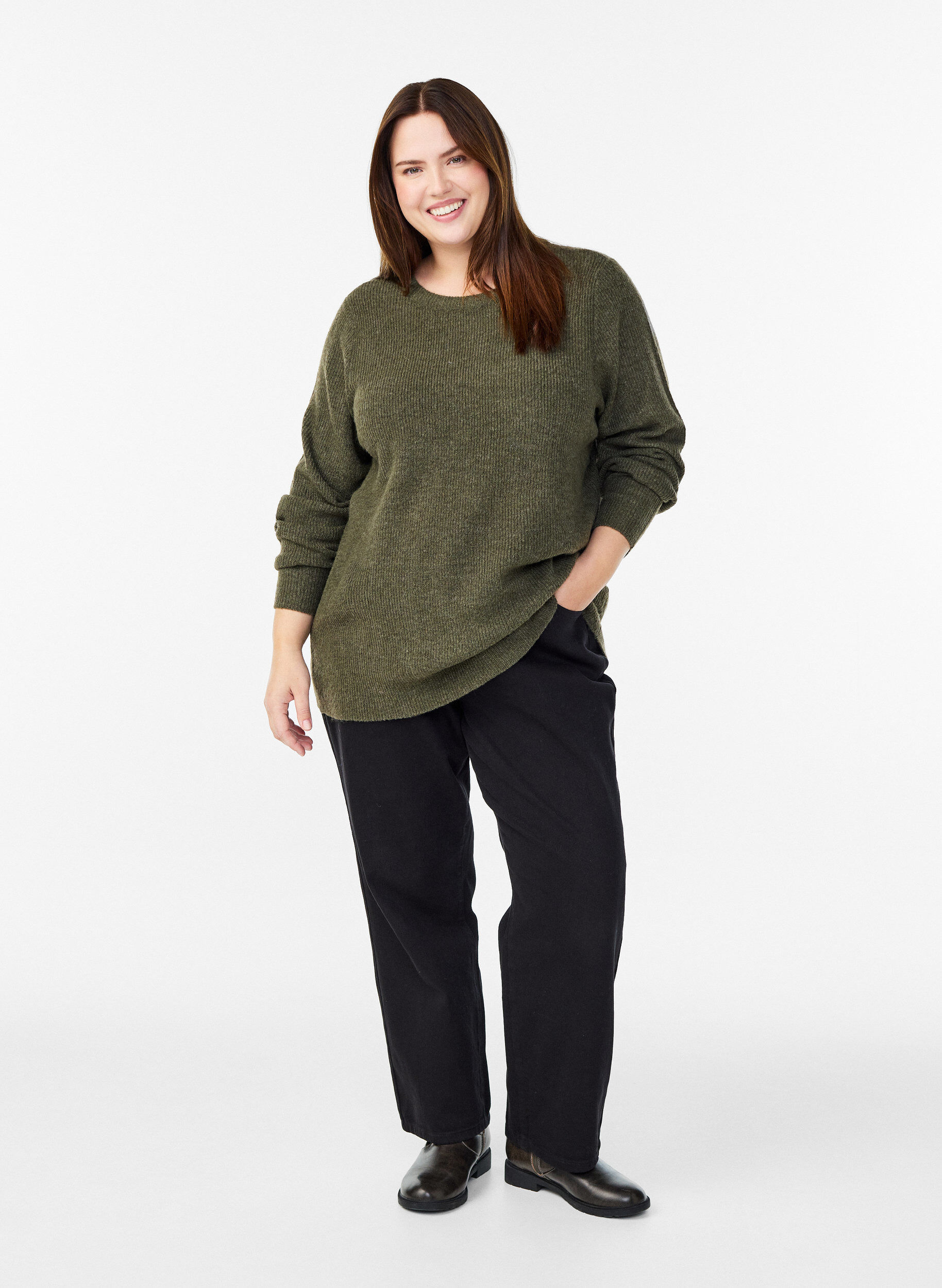 ZizziBlouse en maille chin&eacute;e &agrave; col rond, Vert fonc&eacute;, Model image number 1