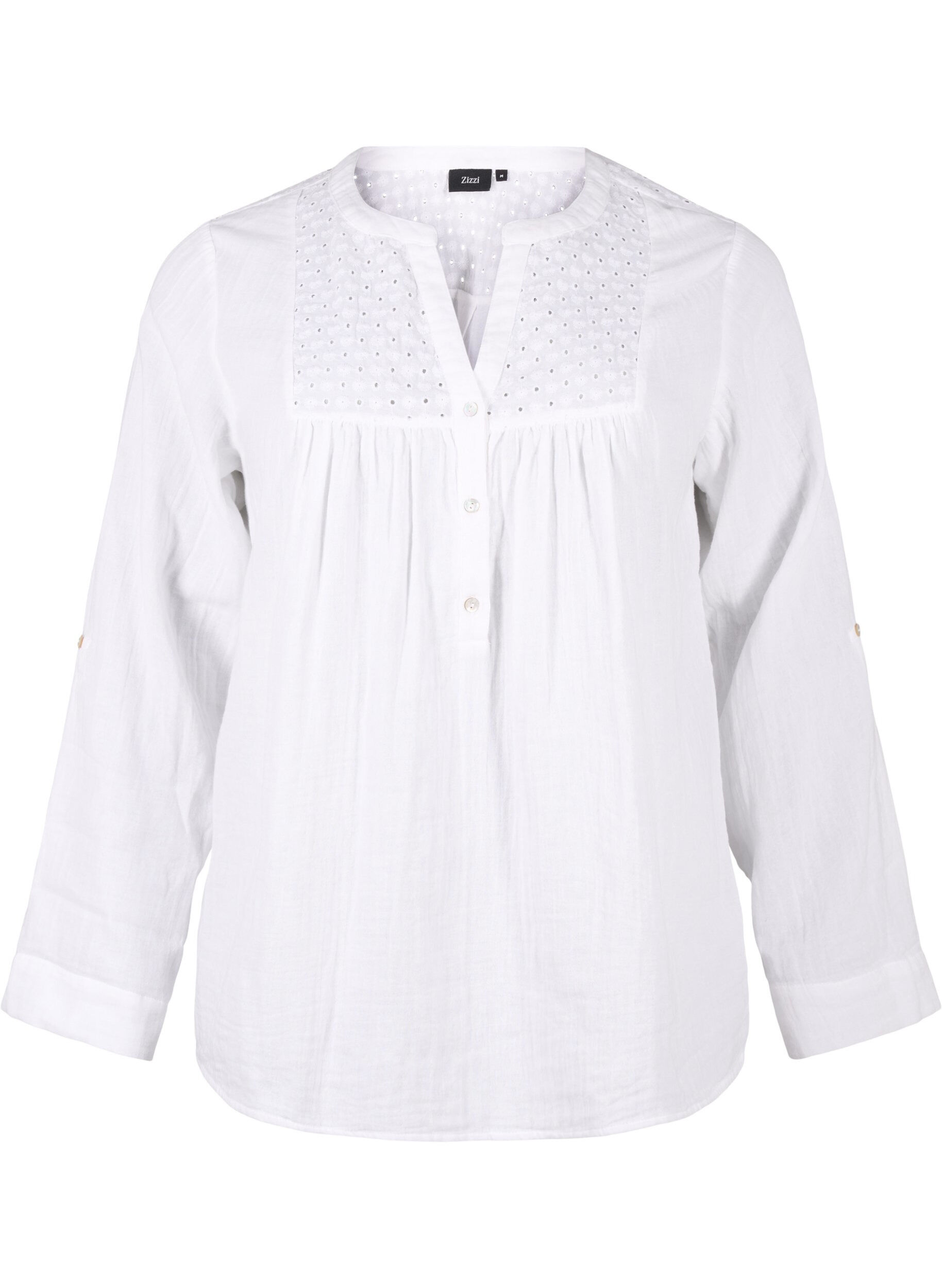 Zizzi Chemisier en coton &agrave; broderie anglaise et manches 3/4, Bright White, Packshot image number 0