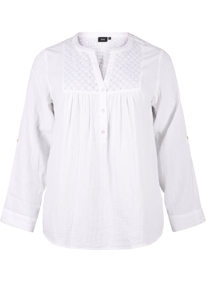Chemisier en coton à broderie anglaise et manches 3/4, Bright White, Packshot image number 0
