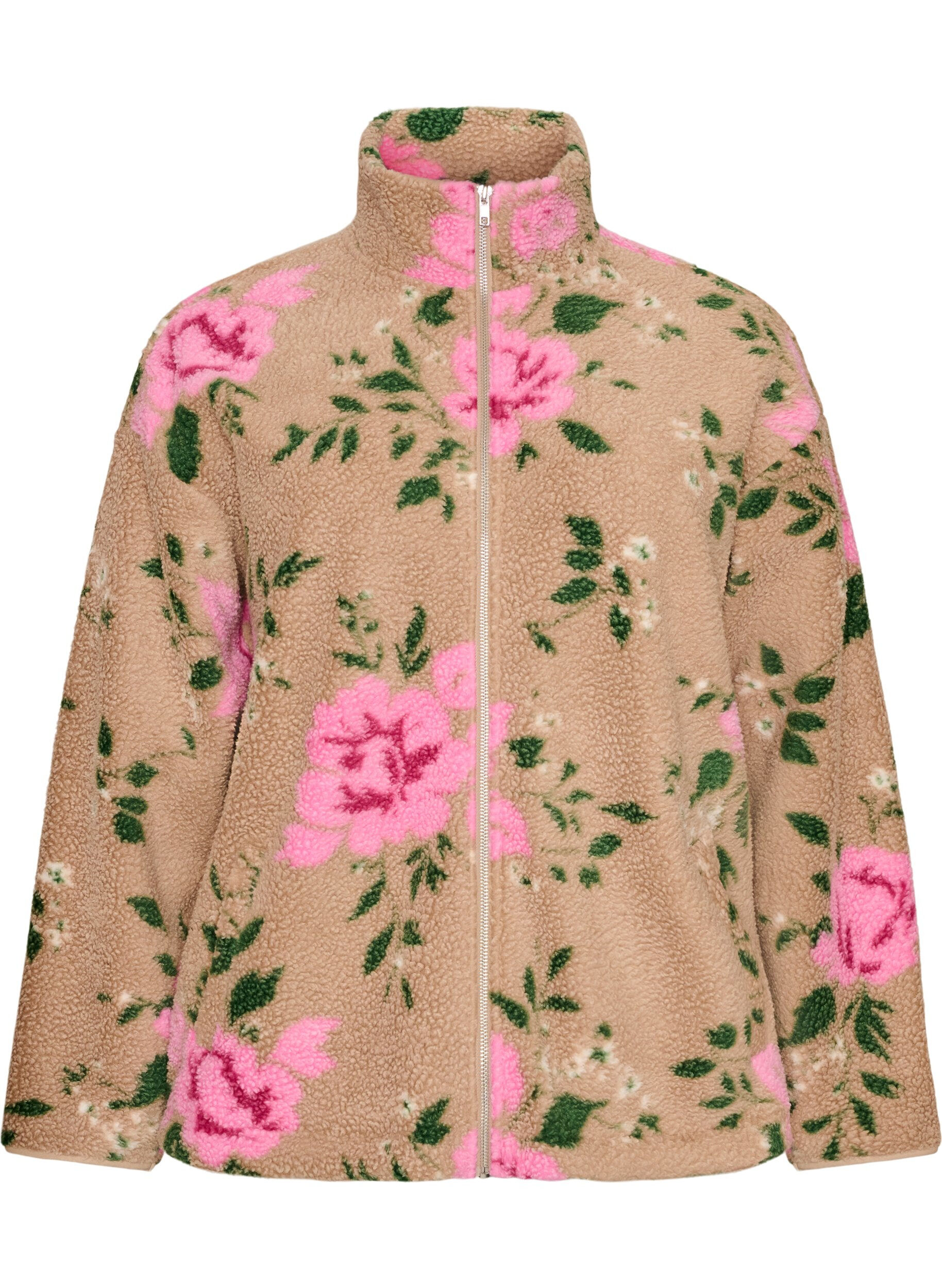 ZizziVeste en polaire &agrave; motif floral avec col montant et fermeture zipp&eacute;e, Beige, Packshot image number 0