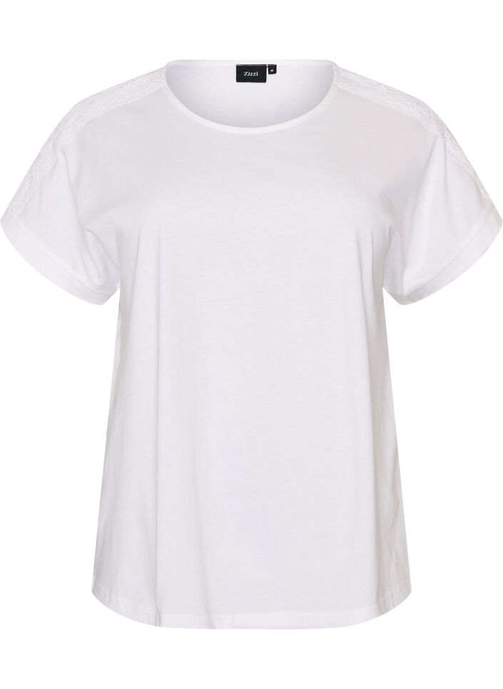 T-shirt en coton avec d&eacute;tails au crochet, Blanc, Packshot image number 0