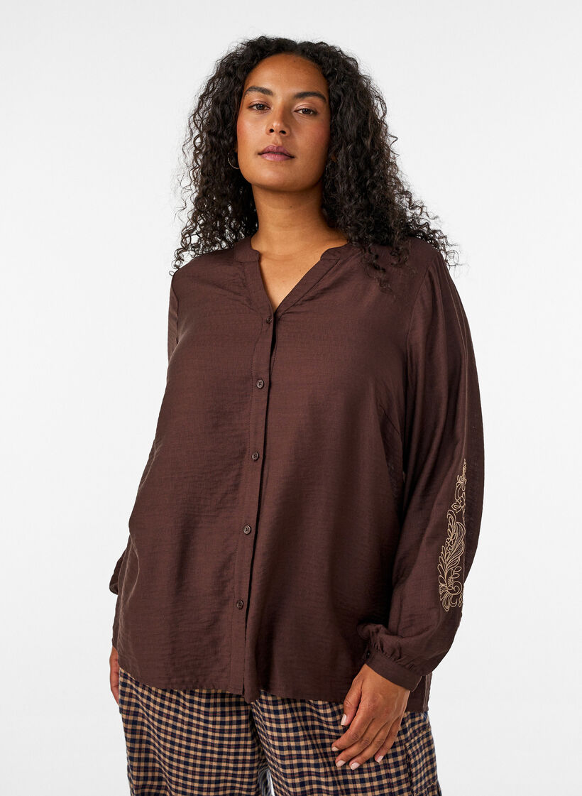 Chemise en viscose avec manches brod&eacute;es, Marron, Model image number 0