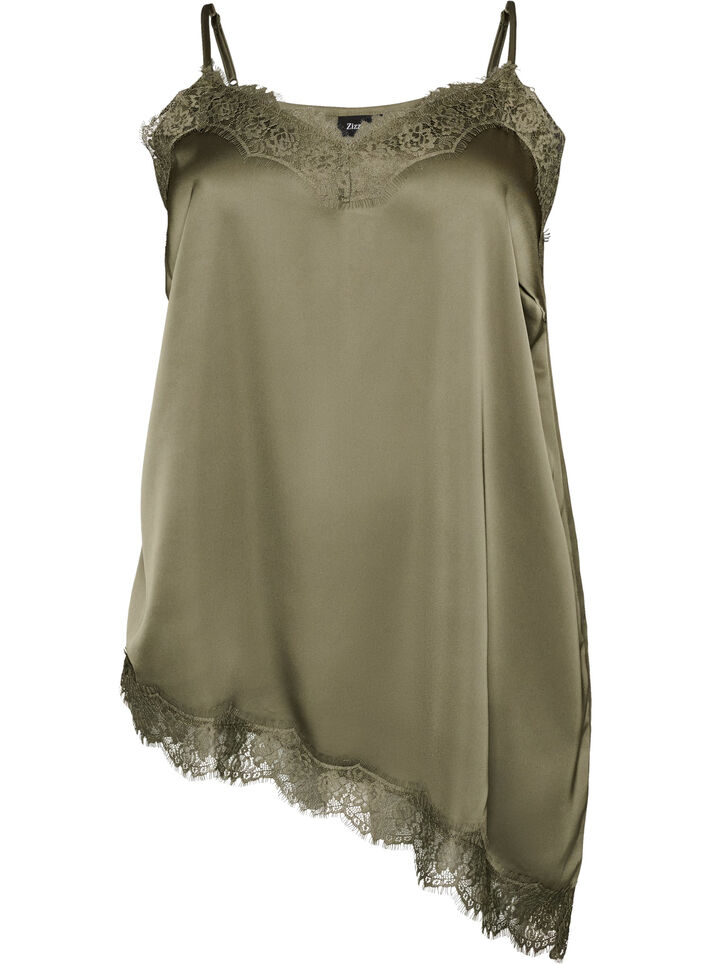 Top &agrave; fines bretelles avec dentelle et ourlet asym&eacute;trique, Vert Kaki, Packshot image number 0
