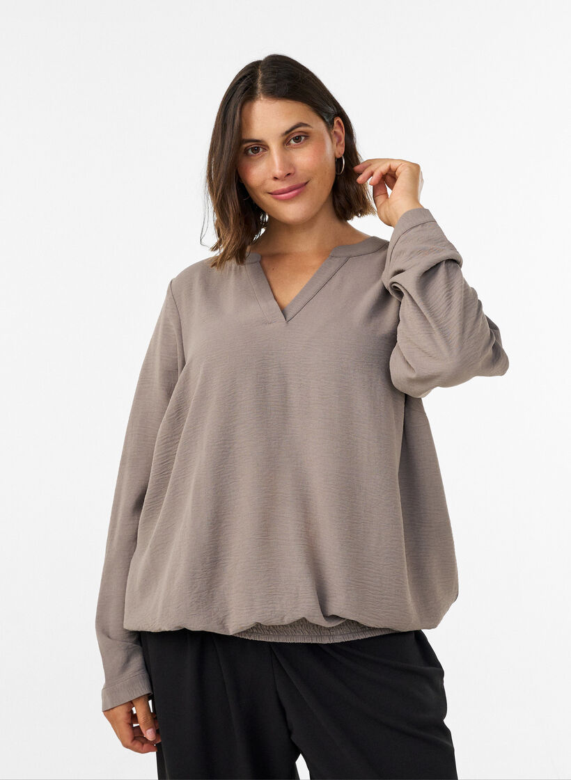 Blouse &agrave; la silhouette ballon avec col en V, Beige, Model image number 0