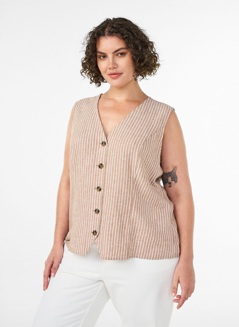 Gilet ray&eacute; en lin et viscose, Beige, Model image number 0