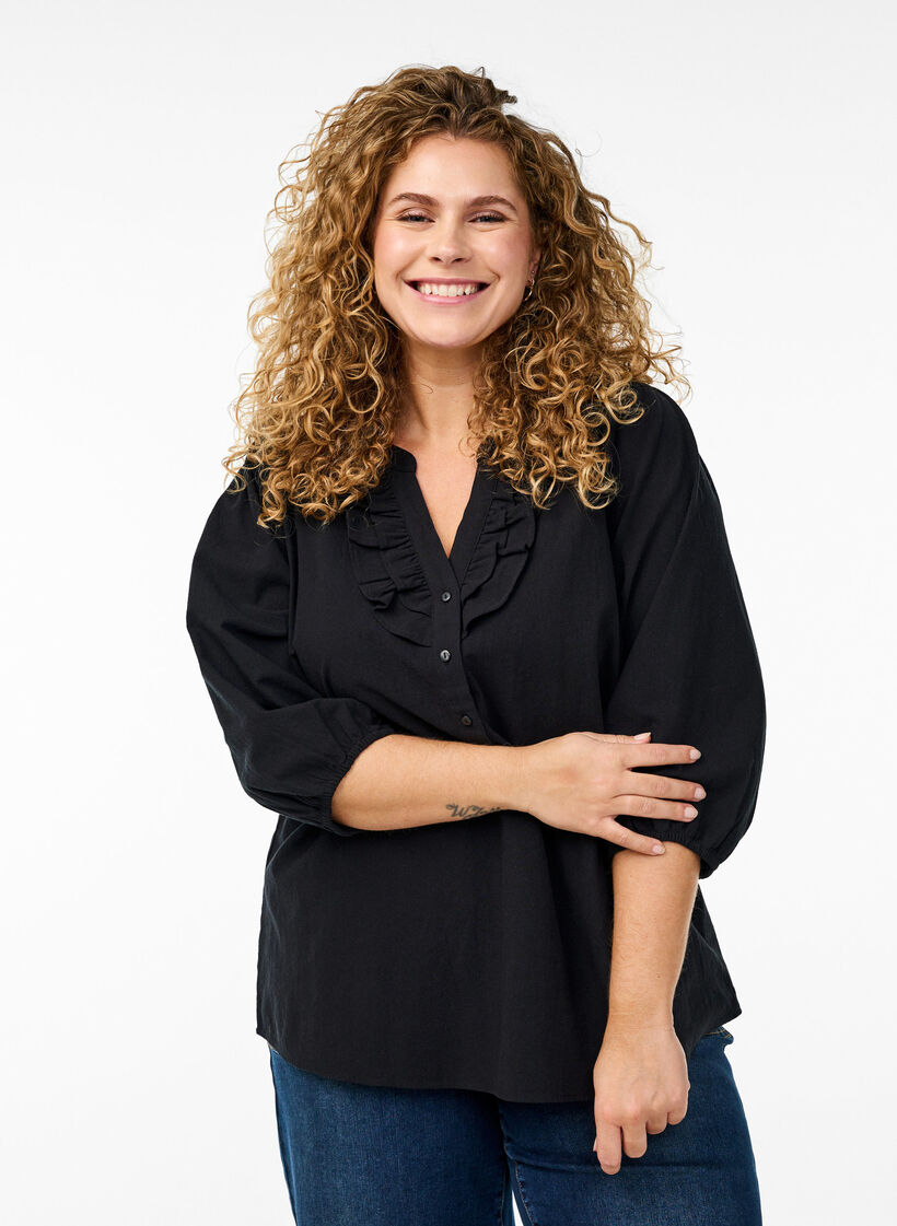 Chemisier en coton à Manches 3/4, Noir, Model image number 0