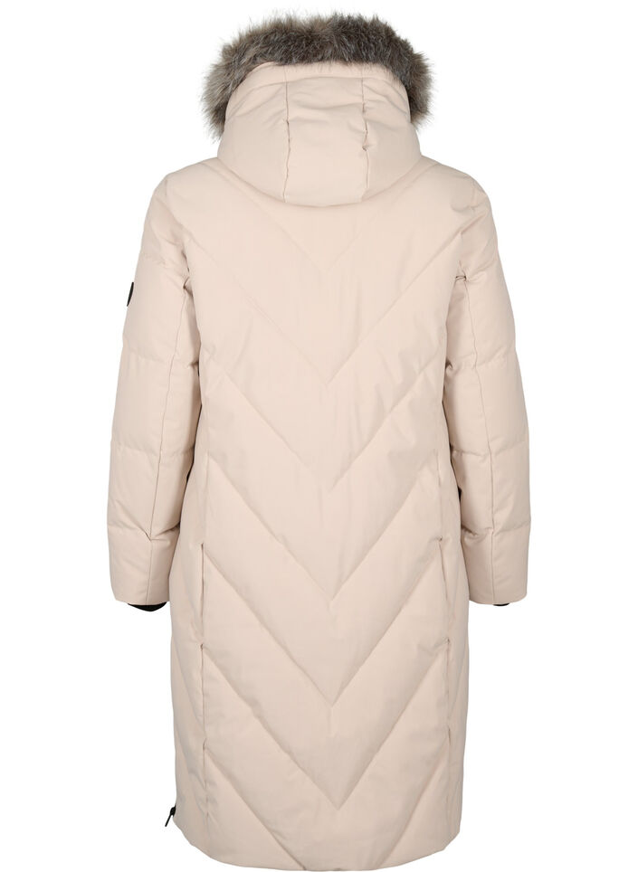 Long manteau d'hiver à fermeture à attaches et col en fausse fourrure, Beige, Packshot