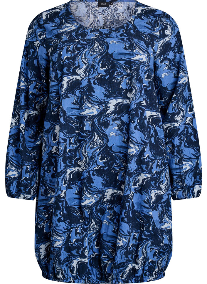 Robe courte en coton avec un ourlet &eacute;lastique et des manches longues, Bleu, Packshot image number 0